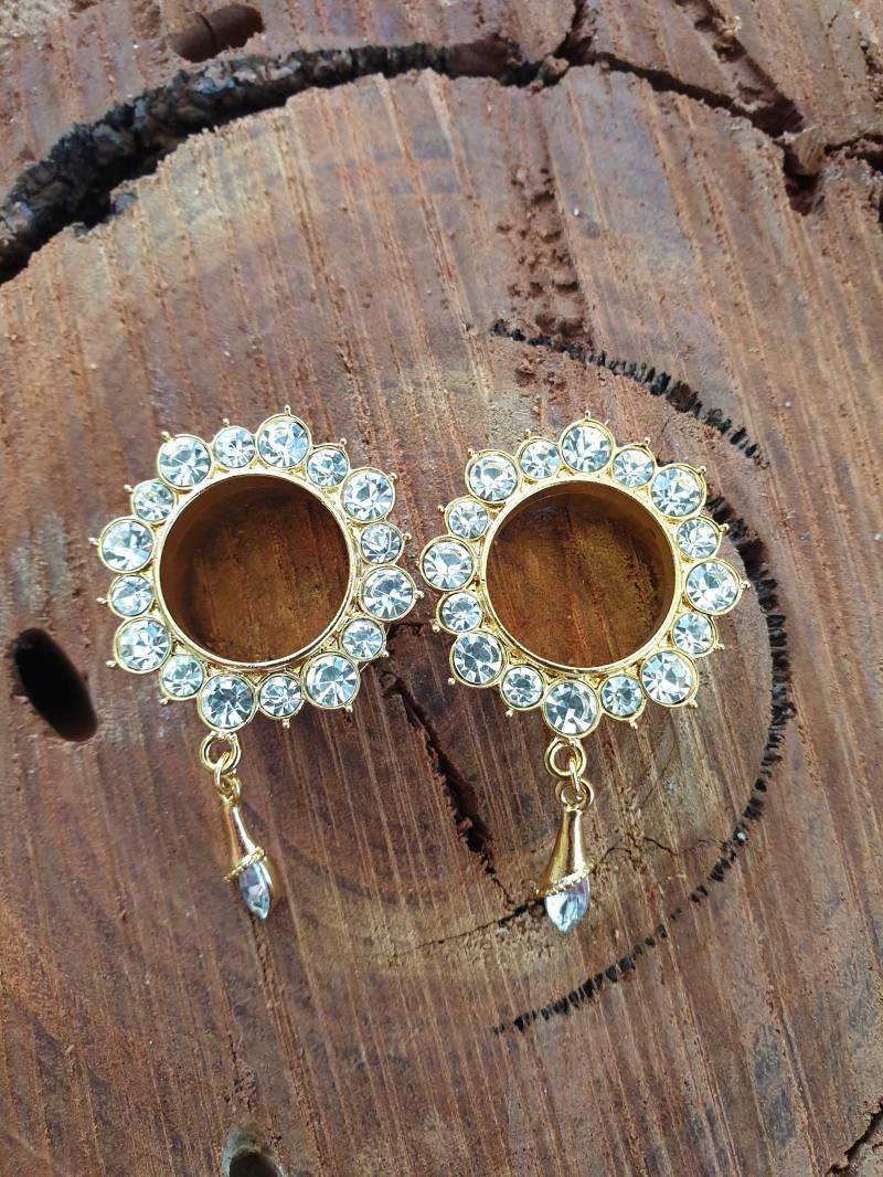 Paar Dangle Gold Klar Gem Edelstahl Ohr Tunnels Piercing Schmuck Tu141 von ThePiercingKingdom