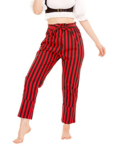 Pirat Renaissance Mittelalter Gothic Wench Cosplay Kostüm Damen Selbstbindende Rüschen Taille 100% Baumwolle gestreift Hose Gr. XXL, schwarz / rot von ThePirateDressing
