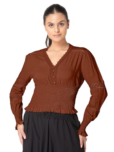 ThePirateDressing Damen Renaissance Mittelalter Bauer V-Ausschnitt Laternenärmel Spitze gesmoktes Top Bluse C1831 Braun L von ThePirateDressing