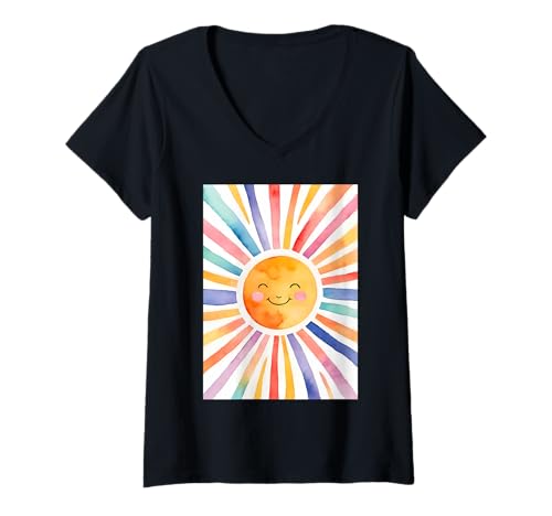 Damen Sommer Boho Sonne Streifen Sonnenschein Dekorationen T-Shirt mit V-Ausschnitt von ThePixelWall