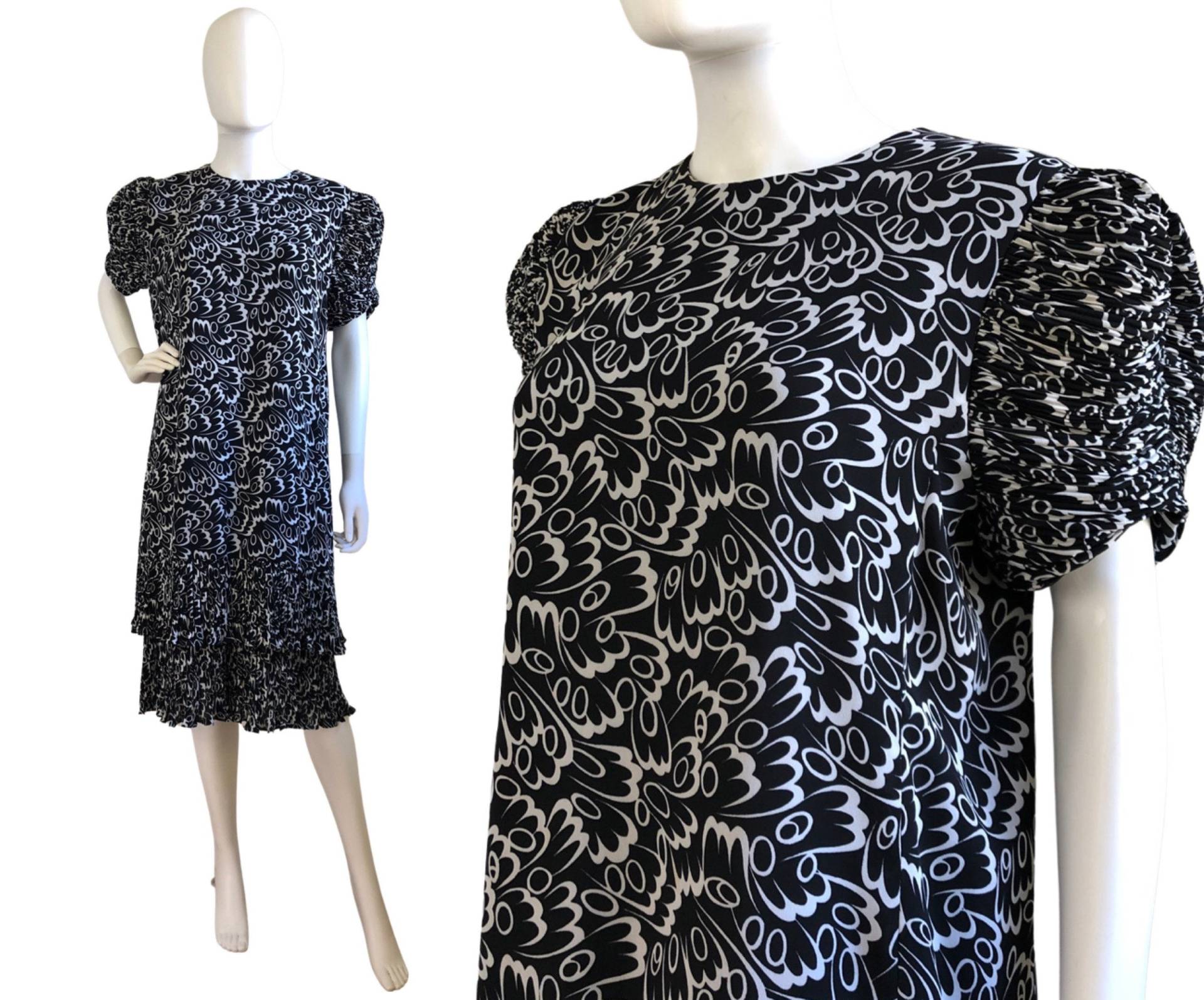 Vintage-Print-Partykleid, 1980Er-Jahre, New Old Stock, Schwarz-Weißes Kleid, Rüschenärmel Am Saum, Kurzärmeliges Midi, Größe 12 Groß von ThePoshEstate