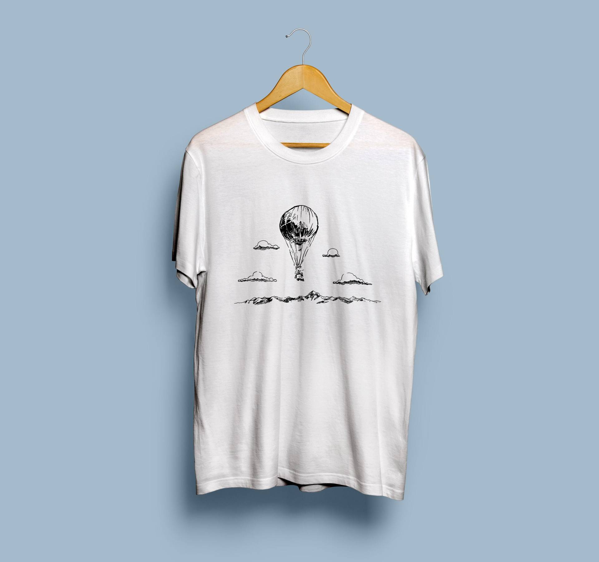 Heißluftballon Minimal T-Shirt, Einfache Gravierte Himmel Landschaft Unisex Männer Skizze Kunst Tshirt Geschenk, Frauen Trendy Hand Gezeichnet von ThePositiveArt