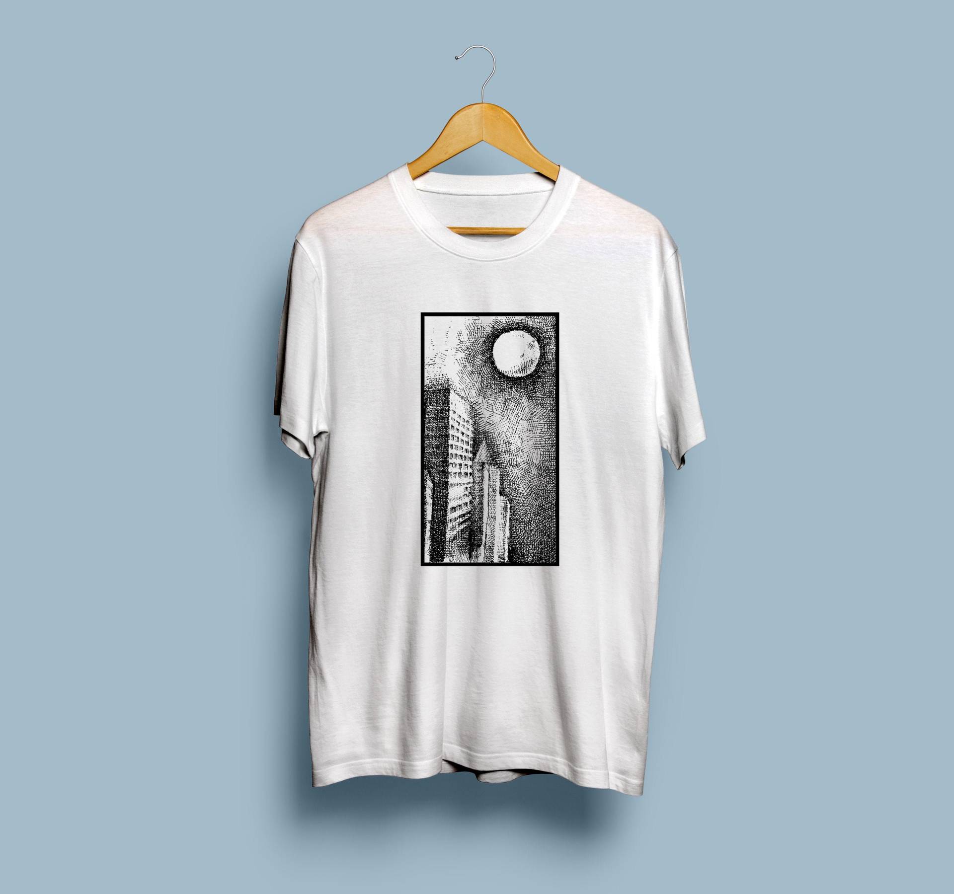 Minimal Night City Art T-Shirt, Abstrakte Stadtlandschaft Männer Tshirt, Handzeichnung Megalopolis Frauen Schwarzweiß-Shirt Geschenk von ThePositiveArt