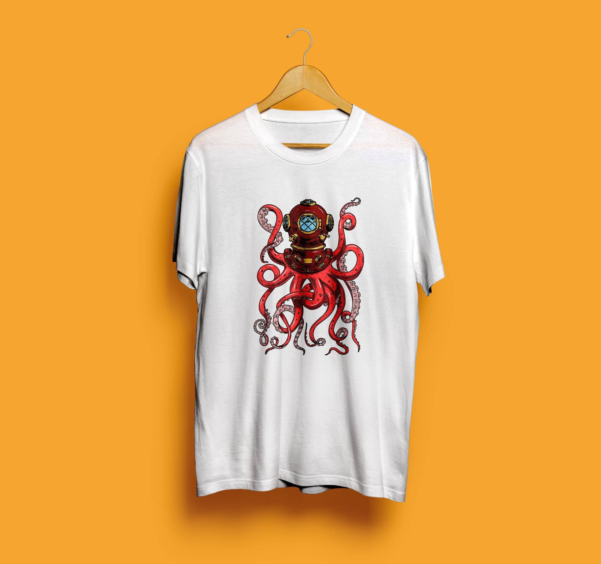 Oktopus Grafik Unisex T-Shirt, Vintage Maritimes Herren Shirt, Retro Marine Frauen Taucheranzug Kunst Tshirt, Coole Ozean Print Geschenk, Taucher von ThePositiveArt