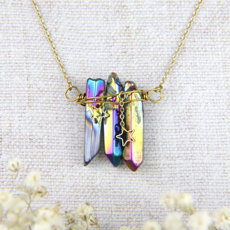 Regenbogen Quarz Punkt Halskette Titan Beschichteter Kristall, Sternanhänger Aus Messing von ThePrettyDitty