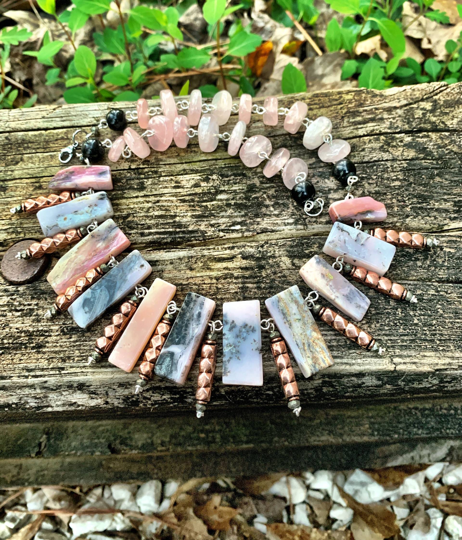 Pink Opal Dance Schmuckset - Sterling Silber Kette & Ohrringe Rosenquarz, Pyrit, Golden Obsidian Handgemachtes Boho Geschenk Für Sie von ThePurpleLilyDesigns