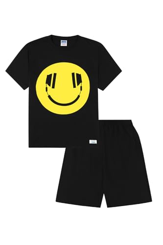 Kurzer, schwarzer Pyjama mit "Kopfhörer-Smiley"-Aufdruck für Jungen Gr. 11-12 Jahre, schwarz von ThePyjamaFactory