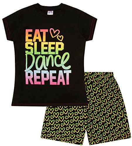 Kurzer Schlafanzug für Mädchen mit Aufschrift "Eat Sleep Dance Rainbow", Schwarz , 10-11 Years von ThePyjamaFactory
