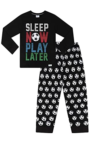 Langer Schlafanzug für Jungen, Motiv: Sleep Now Play Later Fußball, Baumwolle, Schwarz , 134 von ThePyjamaFactory