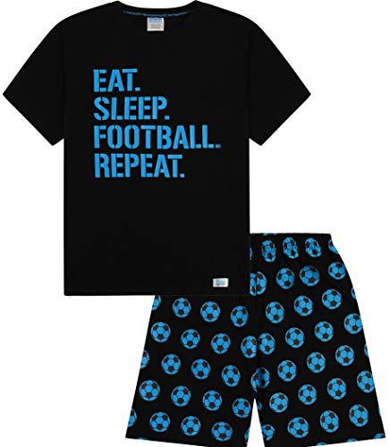 The PyjamaFactory Jungen Eat Sleep Fußball Repeat Kurzer Schlafanzug aus Baumwolle, Unisex, Schwarz , 146 von ThePyjamaFactory