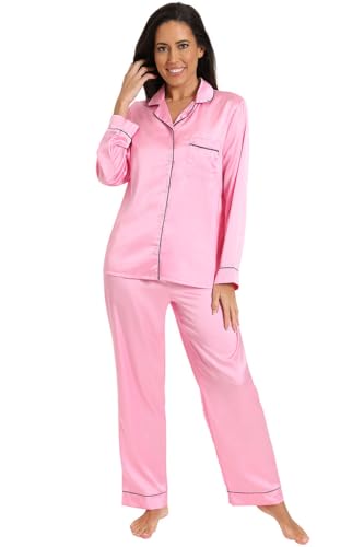 ThePyjamaFactory Damen-Pyjama-Set aus Satin, Rosa, lang, zweiteilig, Sommer-Pyjama für Damen, Seiden-Pjs (16–18) von ThePyjamaFactory