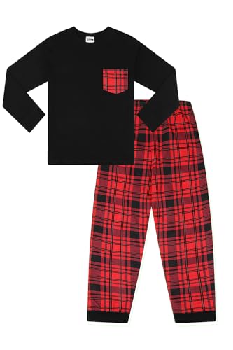 ThePyjamaFactory Jungen Schwarz-Rot Langer Karierter Hose Baumwolle Schlafanzug Satz PJs für Kinder (14-15 Jahre) von ThePyjamaFactory