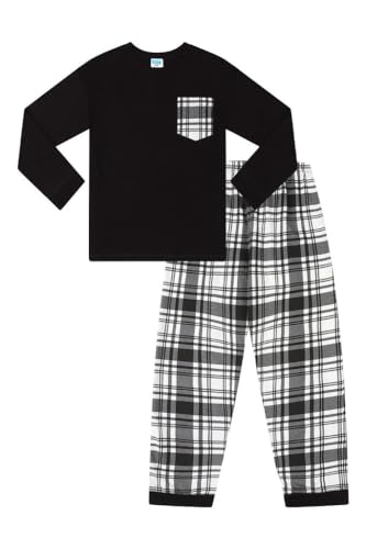 ThePyjamaFactory Kinder – Jungen Schlafanzug Schwarz Weiß Einfarbig Langarm Oberteil & Woven Tartan Karo Hose, Schwarz , 13 - 14 Jahre von ThePyjamaFactory