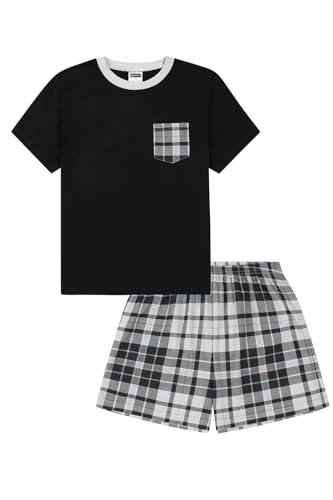 ThePyjamaFactory Mädchen Schwarz und Grau Kariertes Bein Kurzer Baumwolle Schlafanzug PJ's für Kinder (12-13 Jahre) von ThePyjamaFactory