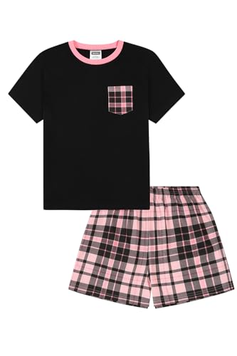 ThePyjamaFactory Mädchen Schwarz und Rosa Kariertes Bein Kurzer Baumwolle Schlafanzug PJ's für Kinder (10-11 Jahre) von ThePyjamaFactory