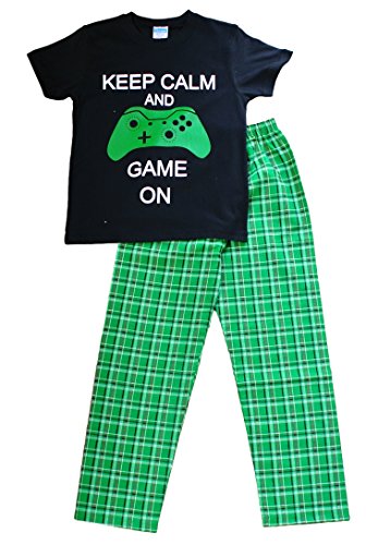 Jungen Schlafanzug "Keep Calm and Game On", lang, 9 bis 14 Jahre, Grün kariert Gr. 13 - 14 Jahre, Schwarz von ThePyjamaafactory