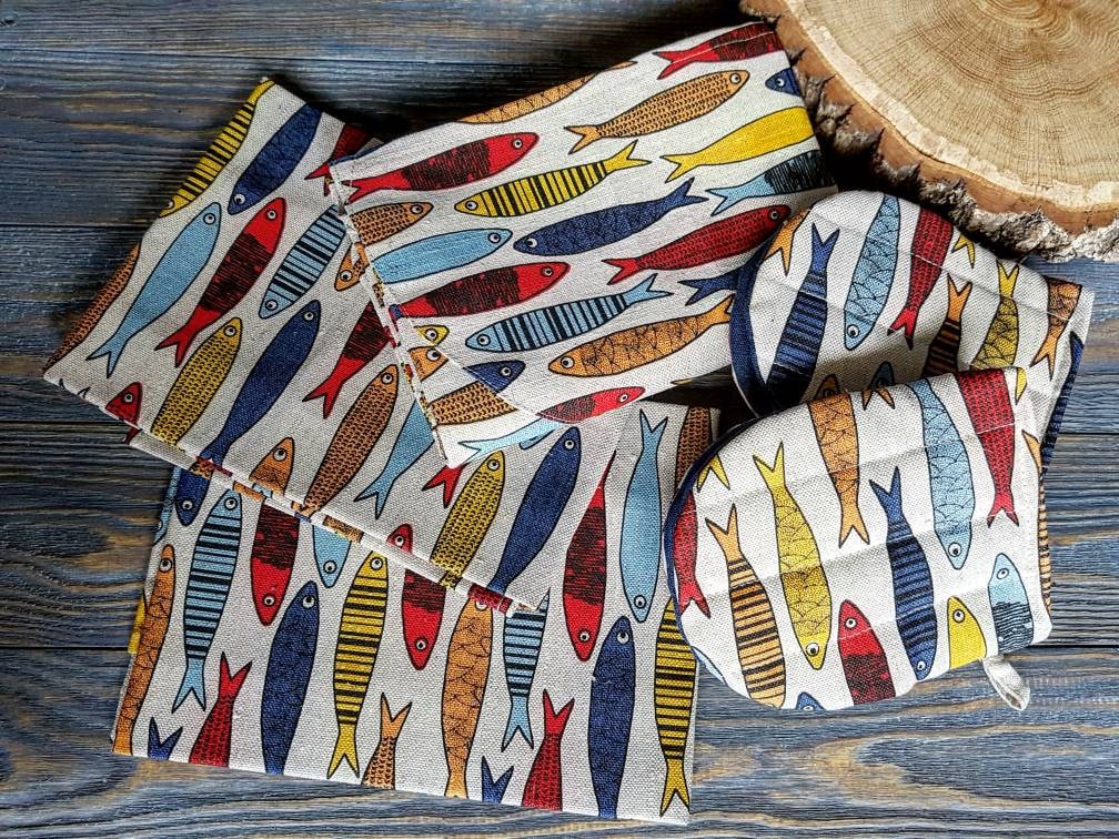 Set Für Küche - Leinenschürze Mit Handtüchern Und Handschuhen, Leinen Küchenschürze, Geschenk Bäcker Kocher, Farbgemusterte Schürze von TheRawLinen