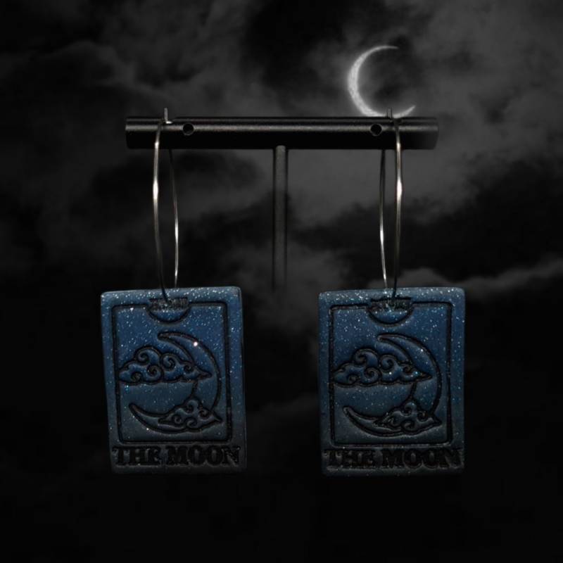 The Moon Nightsky Tarot Ohrringe 35mm Creolen Blau - Schwarz Ombre Glitzer Polymer Clay Handmade Unikat von TheRestyledOnes