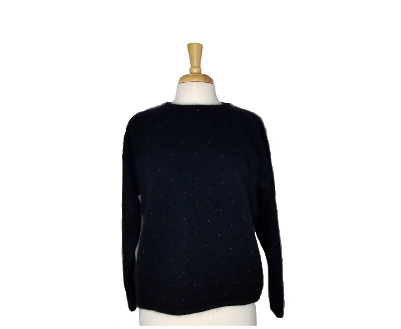 Vintage 1980Er Pullover Schwarzer Langarm-Chaus-Pullover Mit Winzigen Goldenen Polka Dots - Lammwolle Und Angora Größe L von TheRetroWardrobe