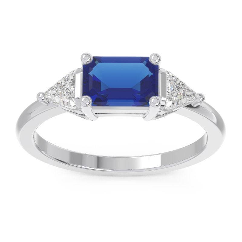 Blauer Saphir - Und Diamant-Verlobungsring/Natürlicher Saphir Im Smaragdschliff Mit Diamant-Billionen 14K Gold Drei Stein Einzigartiger von TheRingStudio