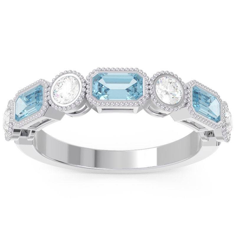 Halbe Ewigkeit Natürliche Diamantrunden Und Aquamarin Im Smaragdschliff Kanal Set 14K Goldband/Hochzeit Edelstein Band Versprechen Ring Jubiläum von TheRingStudio