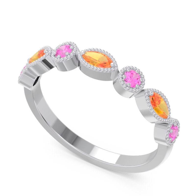 Multicolor Natürliches Edelstein Band in 14K Weißgold/Halbes Eternity Runder Pink Turmalin Und Marquise Citrin Zierlicher Ring Zartes von TheRingStudio