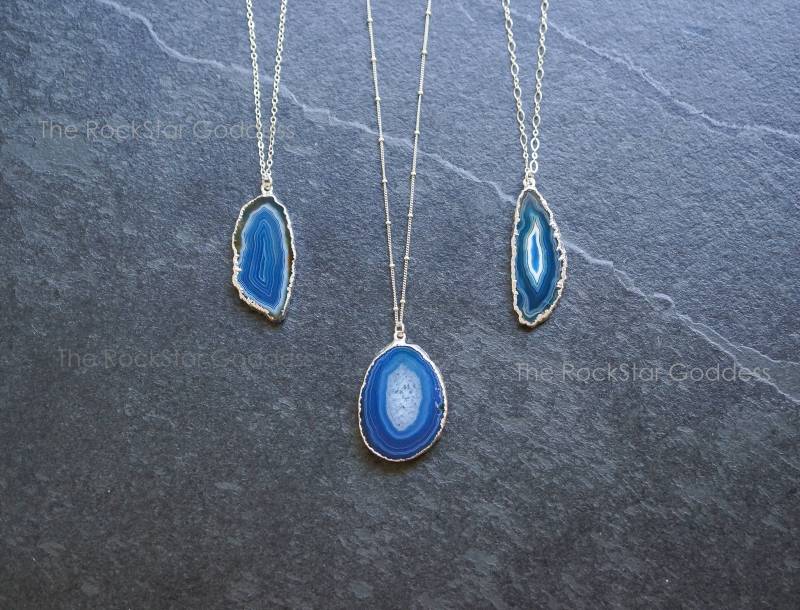Blaue Achat Halskette, Silber Druzy Geode Blauer Anhänger, Schmuck von TheRockStarGoddess