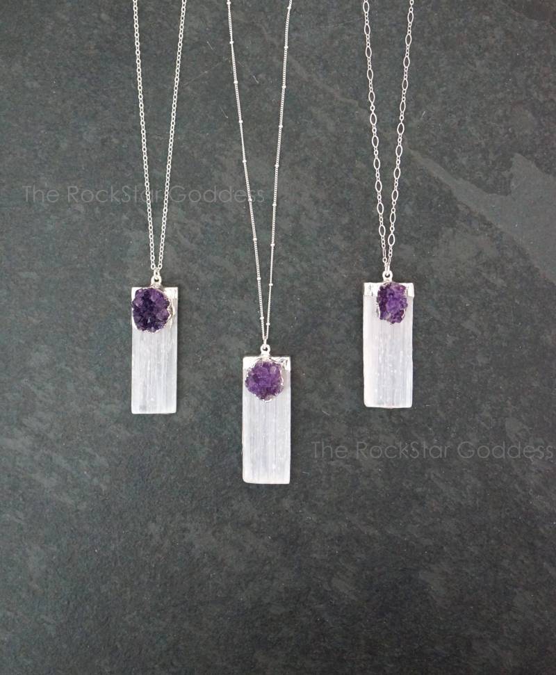 Selenit Halskette, Silberkette, Anhänger, Amethyst Selenit, Stab, Schmuck von TheRockStarGoddess