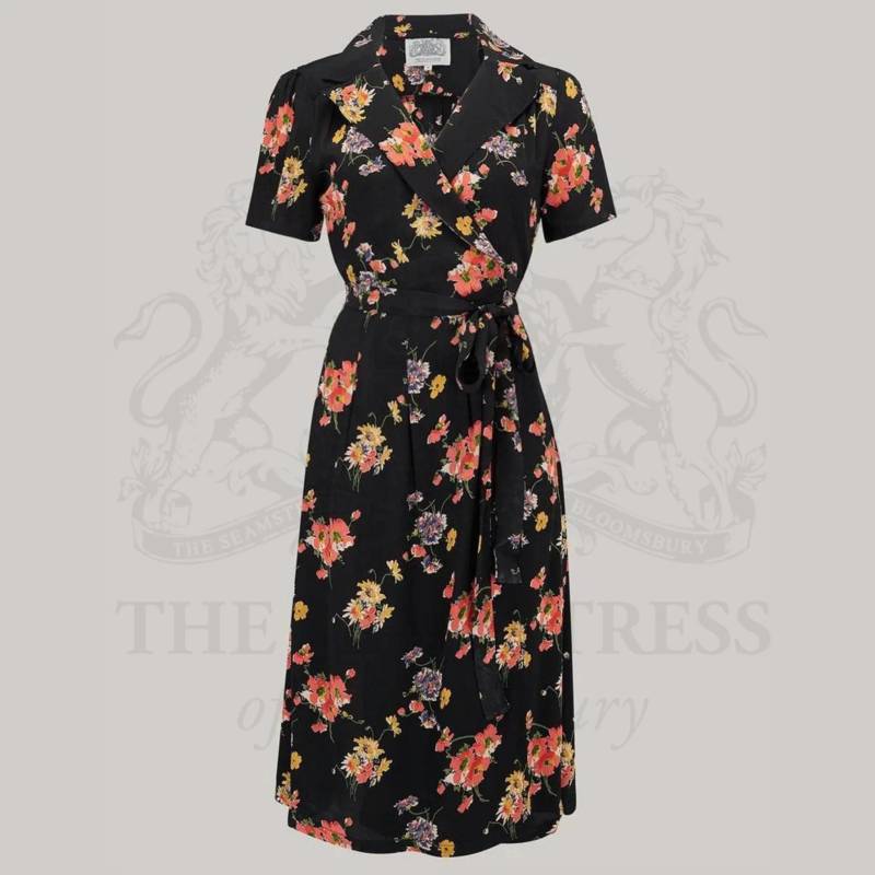 Peggy Wickelkleid in Schwarz Mayflower | Vintage 1940S Style Damen Kleid Die Näherin Von Bloomsbury von TheSeamstressOfB