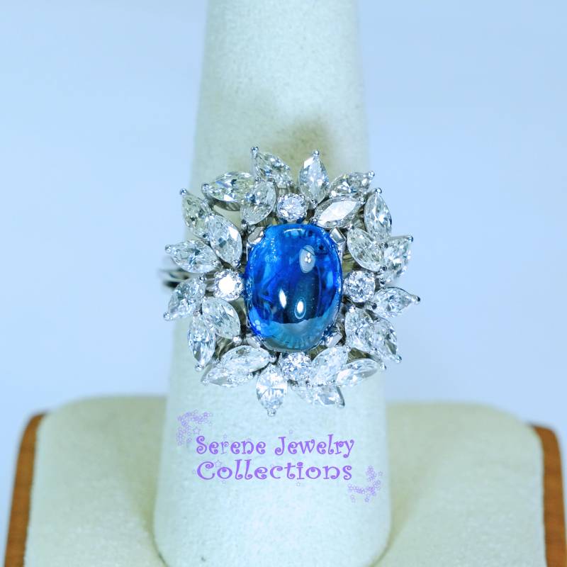 5.8Ct Blauer Saphir Diamant Platin Ring Vintage Gr. 7 von TheSereneJewelers
