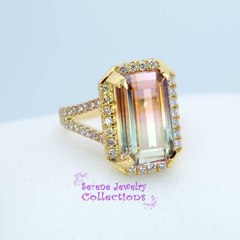 9.37Ct Grün Pink Bi-Color Wassermelonen Turmalin Diamant 18K Gelbgold Ring Größe 6.75 von TheSereneJewelers
