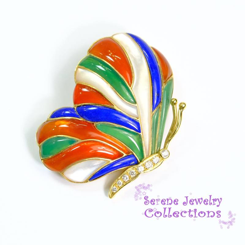 Diamant Lapis Lazuli Grüner Onyx Perlmutt Karneol 18K Gold Schmetterling Brosche Vintage von TheSereneJewelers