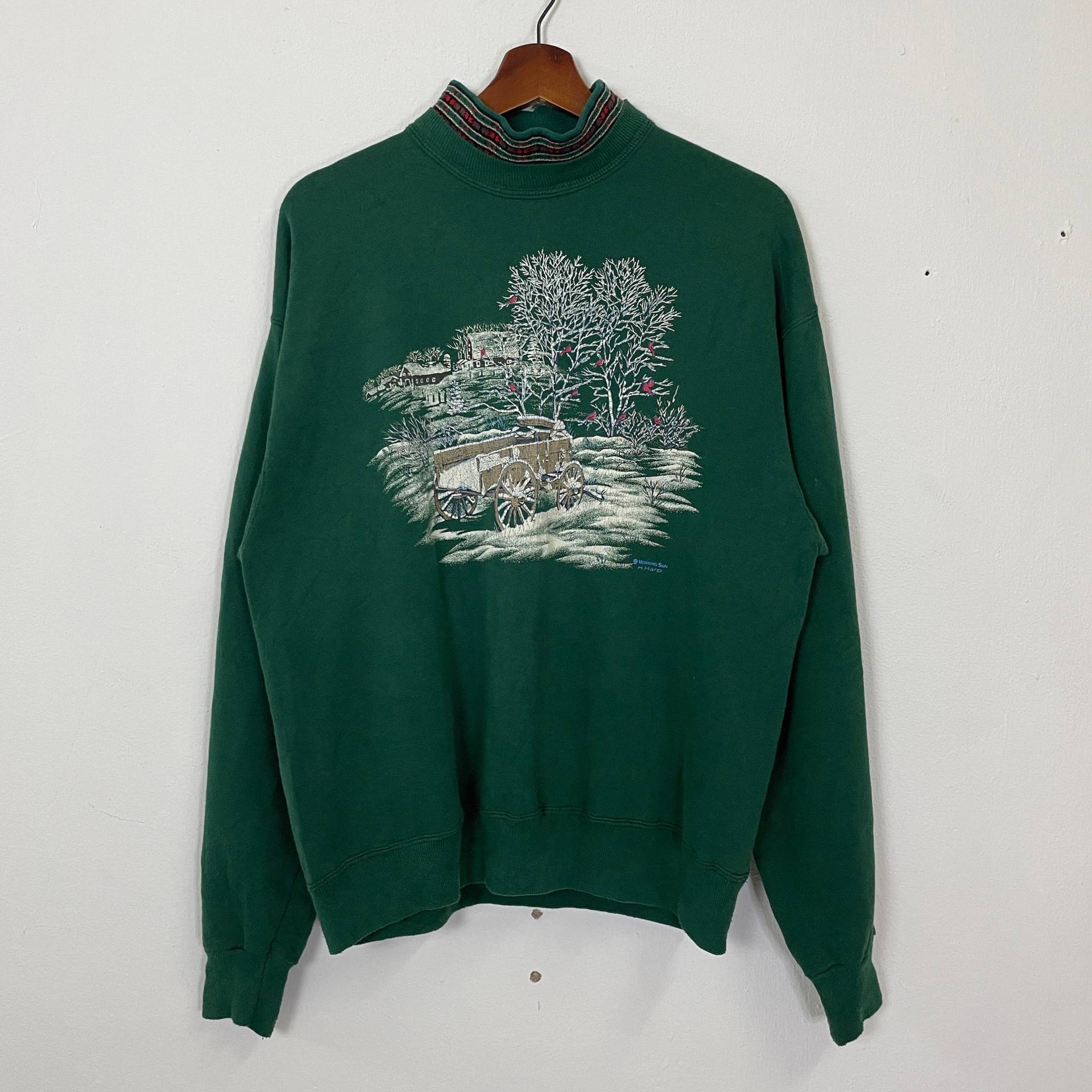 Vintage 90Er Jahre Morgensonne Dorf Motiv Sweatshirt Rundhals, Schlichtes Vtg Pullover Größe M von TheShahStore