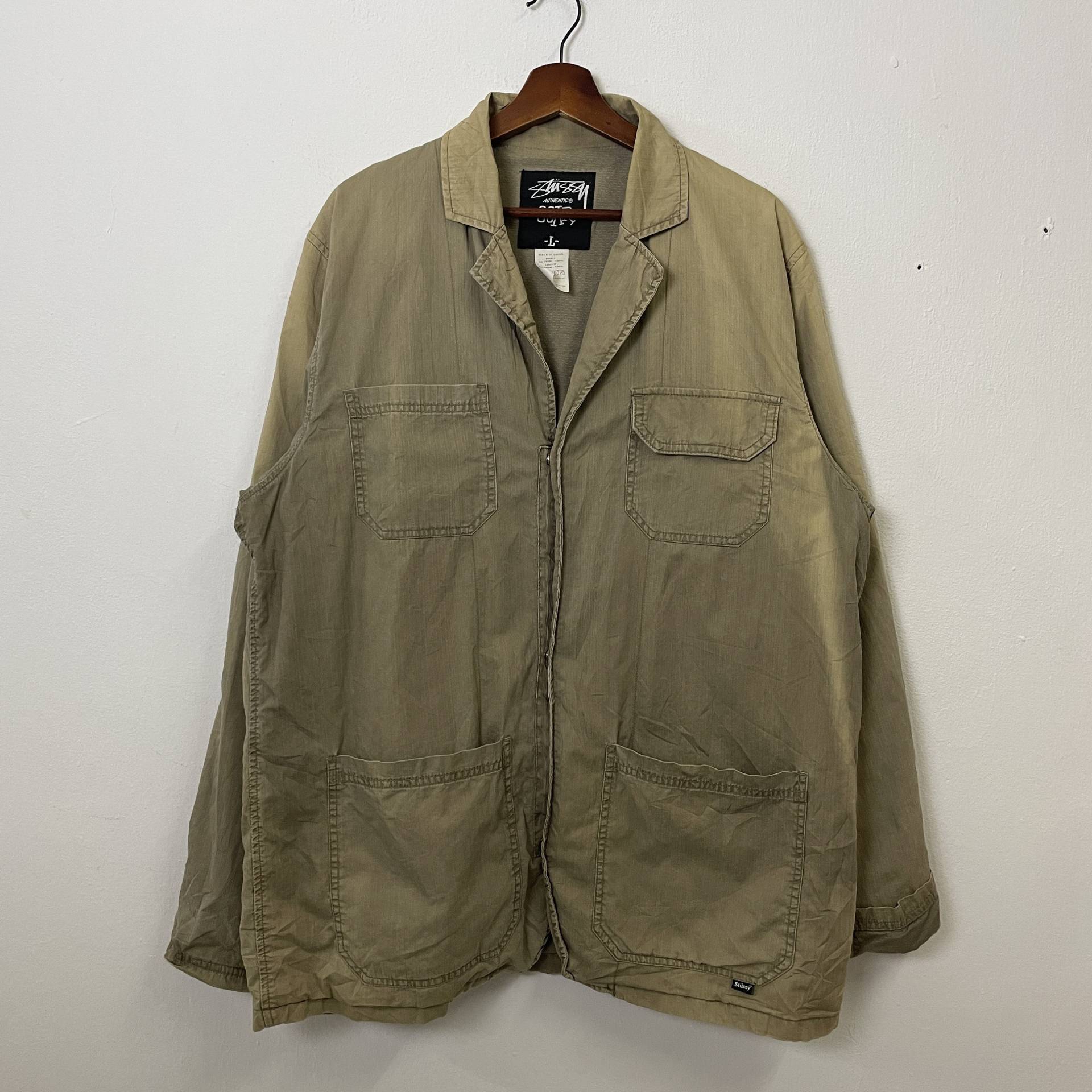 Vintage Stussy Gear Lange Ausgeblichene Jacke Zahnrad Zipper Ups Knopfleiste von TheShahStore