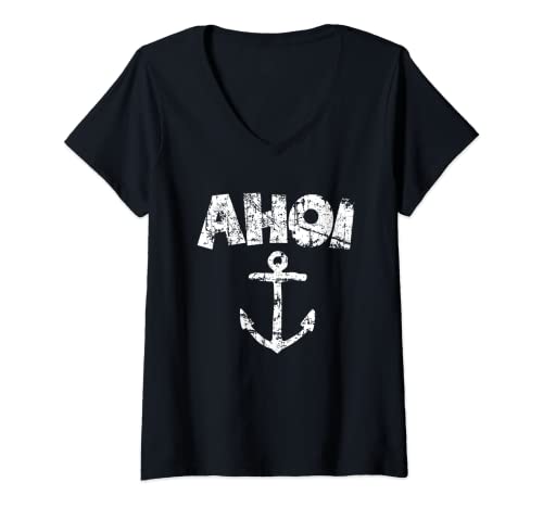 Damen Ahoi (Vintage/Weiß) Boot & Segel T-Shirt mit V-Ausschnitt von TheShirtShops Boat & Sail T-Shirts and Gifts