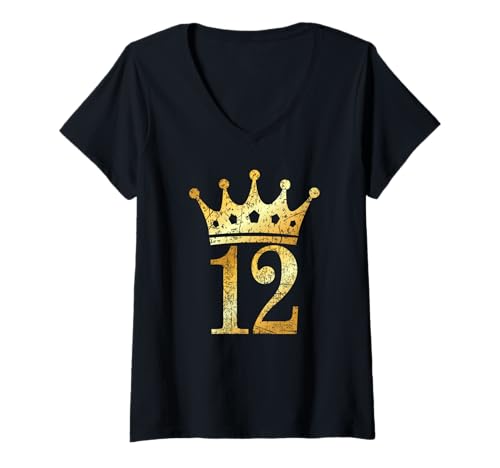 Damen Krone Nummer 12 (Vintage Goldgelb) 12. Geburtstag T-Shirt mit V-Ausschnitt von TheShirtShops Crowns&Numbers