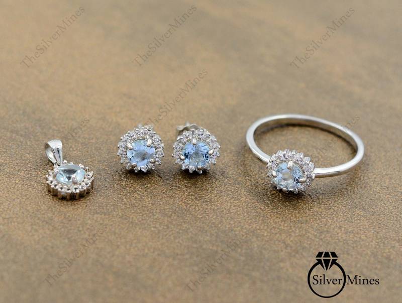 Natürlicher Aquamarin Ring Ohrringe Anhänger Schmuck Set/925 Sterling Silber März Geburtsstein Geschenk Für Sie Frauen von TheSilverMines