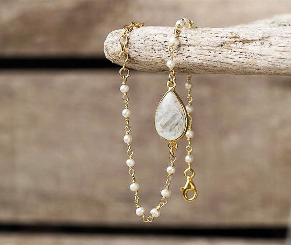 Mondstein Armband/Weiße Perle Brautschmuck Sterling Silber von TheSilverWhale