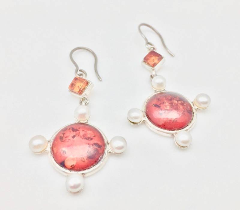 Bernstein Ohrringe Sterling Silber Tropfen Mit Perle von TheSilverWorkshop