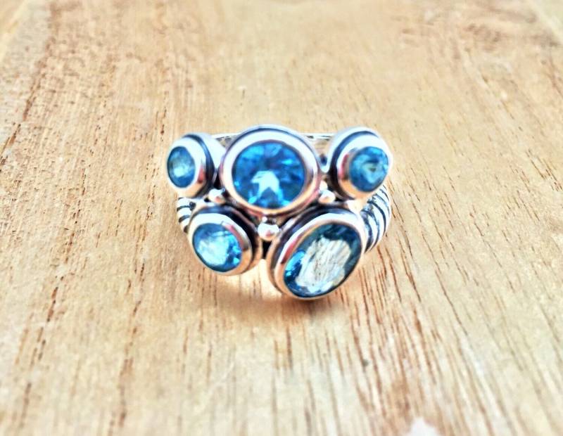 Multi-Stein Blautopas Silber Ring // 925 Sterling Oxidierte Seilfassung von TheSilverWorkshop