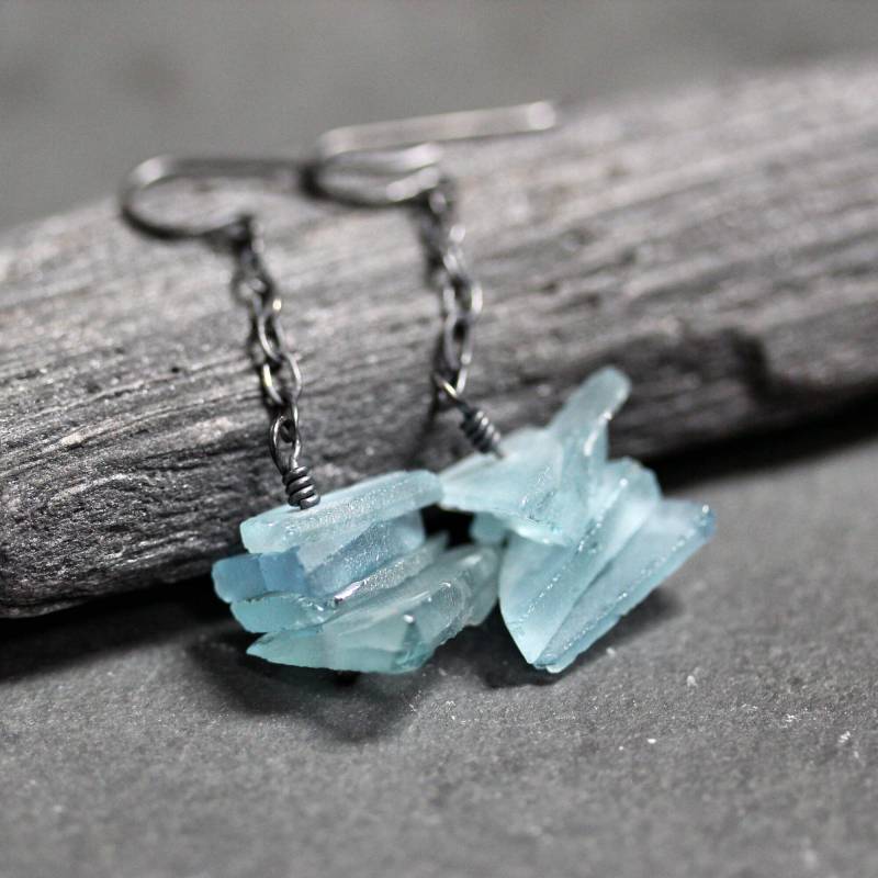 Rohe Aquamarin Sterling Silber Ohrringe, Gletscher Blau Edelstein Baumeln von TheSlyFox