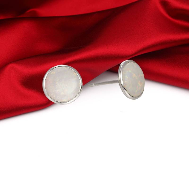 sterling Silber Feuer Opal Ohrringe + Low-Profile-Einfassung Irisierende Weiße Feueropal Ohrstecker Jubiläums-Gif Oktober Geburtsstein von TheSterlingMuse