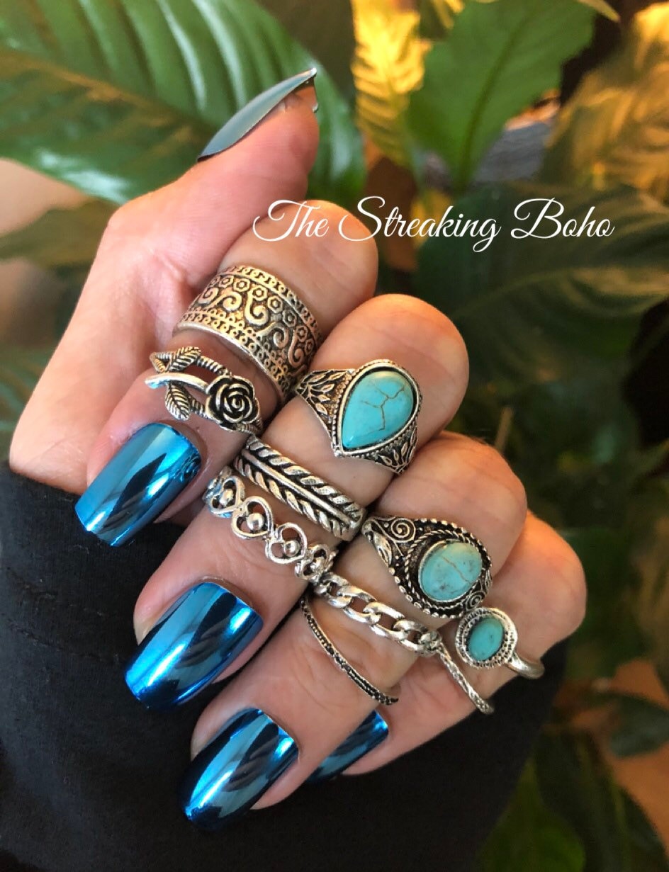 10 Stück Vintage Silber Türkis Bohemian Knuckle Midi Ring Stacking Set 10 Stück Vintage Silber Türkis Bohemian Knuckle Midi Ring Stacking Set von TheStreakingBoho