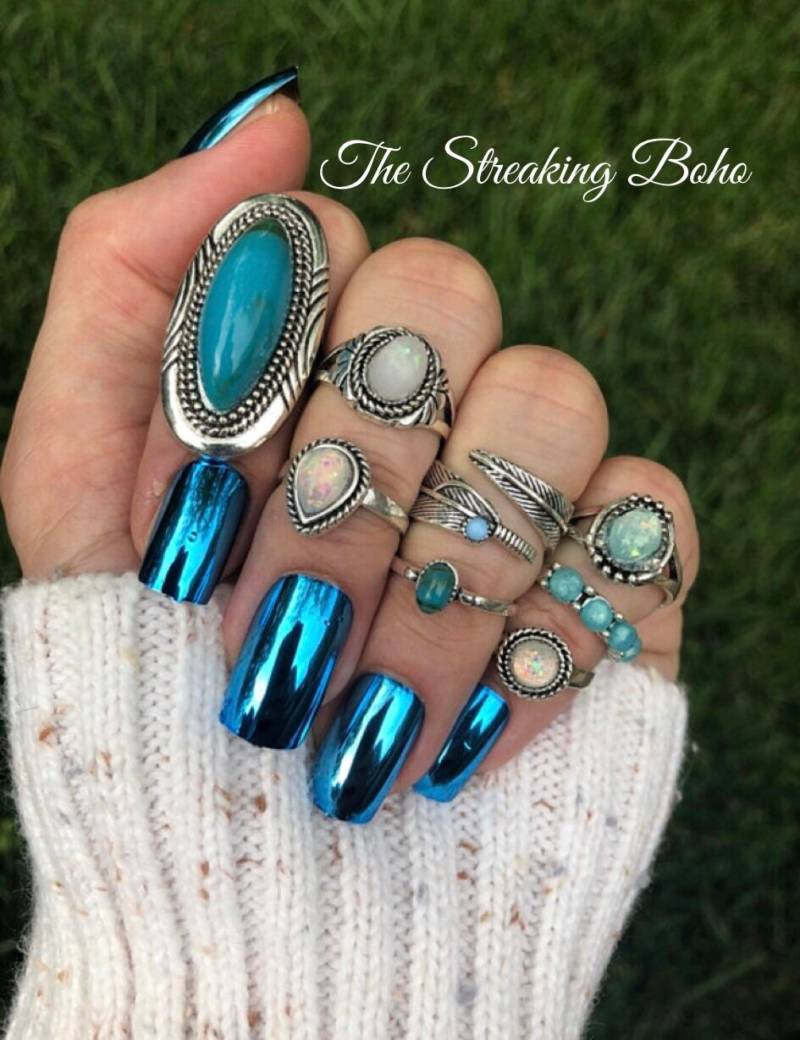 Blauer Türkis Und Feueropal 8Er Boho Ring Set - Knuckle Midi Silber Blauer Türkis Und Feueropal 8Er Boho Ring Set - Knuckle Midi Silber von TheStreakingBoho