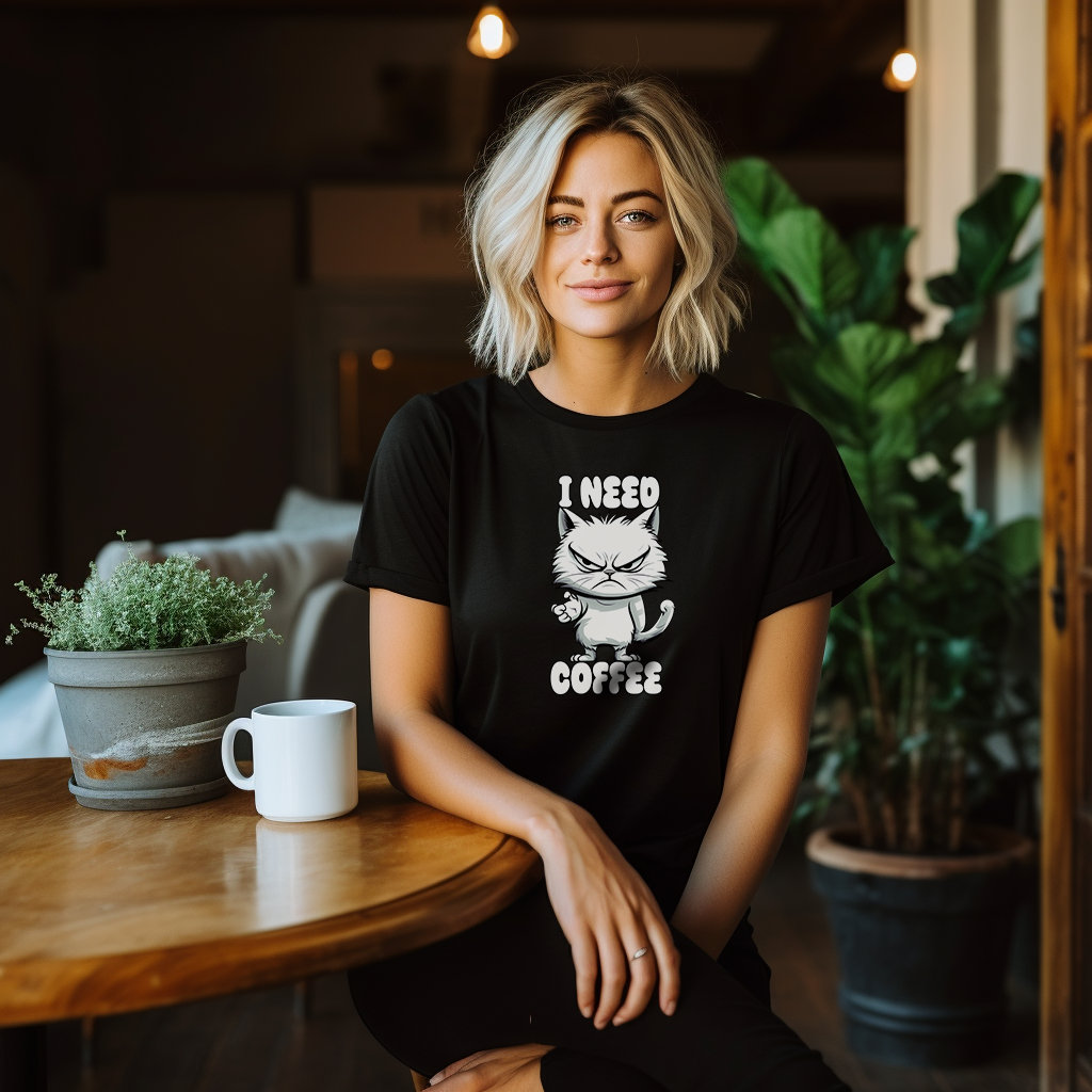Grimmige Katze, Glücklicher Morgen Entdecke Unser Baumwoll-T-Shirt Mit Dem Statement "I Need Coffee' Unisex Grimmige Katze, Glücklicher Morgen Entdecke Unser Baumwoll-T-Shirt Mit Dem Statement "I Need Coffee' Unisex von TheStyleZilla