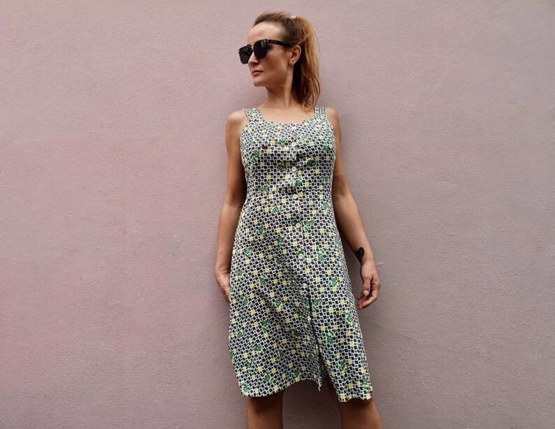 80Er Vintage Riemchen Etuikleid, Abstrakter Print, Uk 10, M von TheSurrealVintageCo