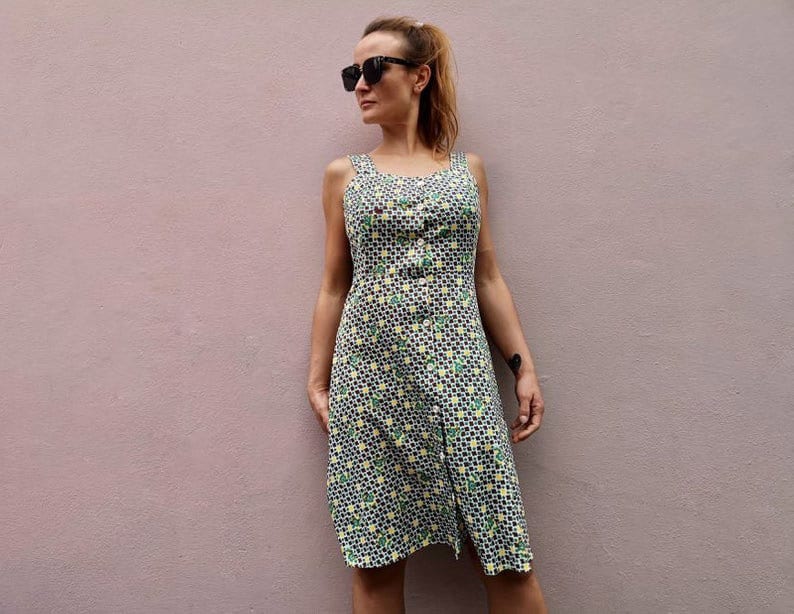 80Er Vintage Riemchen Etuikleid, Abstrakter Print, Uk 10, M von TheSurrealVintageCo