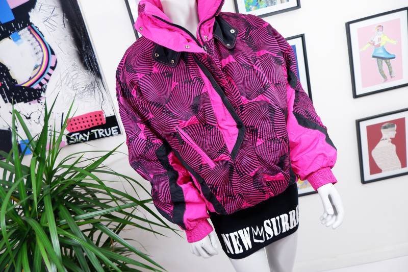 70/80S Vintage Mossant Paris Kugeljacke, Pink & Schwarzer Ski-Mantel, L, Uk 36 von TheSurrealVintageCo
