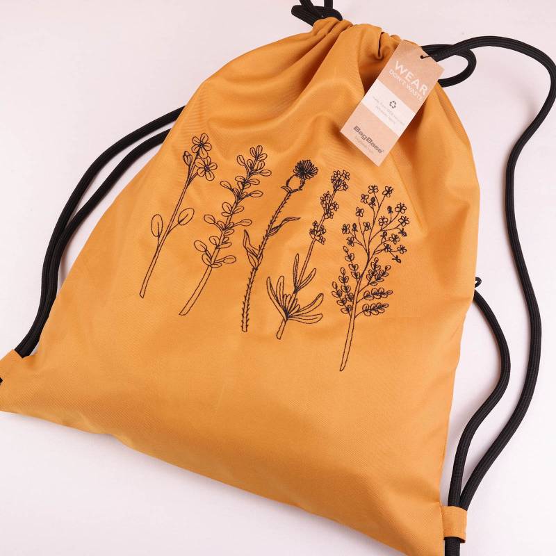 Blumen Turnbeutel - Bestickt 100% Recycelt Polyester Senfgelb 15 Liter 40 X 48cm Tragetasche Tasche von TheTSO