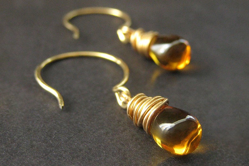 14K Gold Teardrop Ohrringe - Klare Honigtropfen Ohrringe. Draht Gewickelt Handmade Schmuck von TheTeardropShop